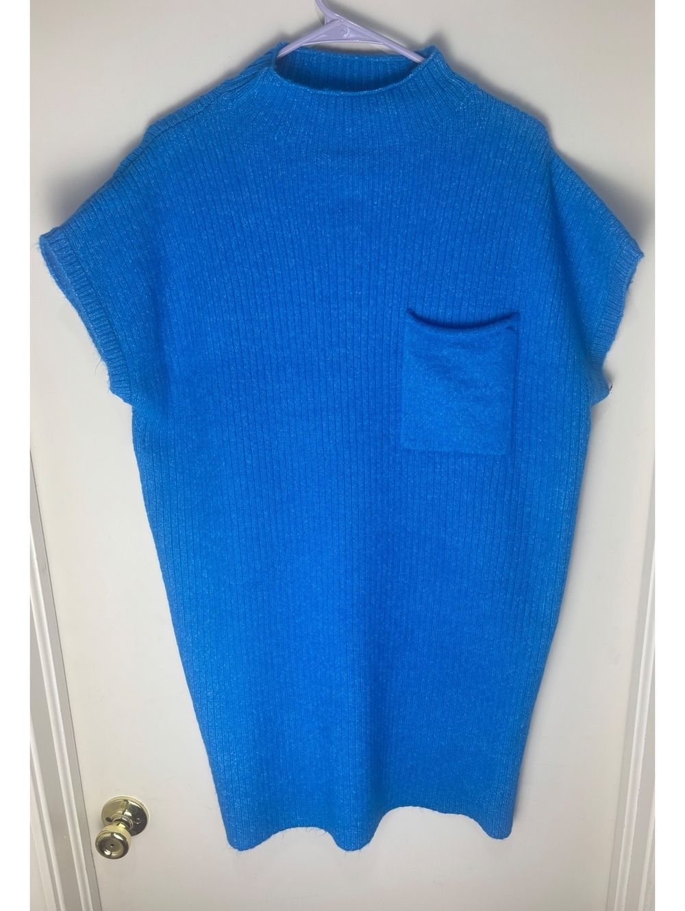 Zenana Bright Blue Ribbed Mock Neck Sweater Dress Tunic Pocket Large